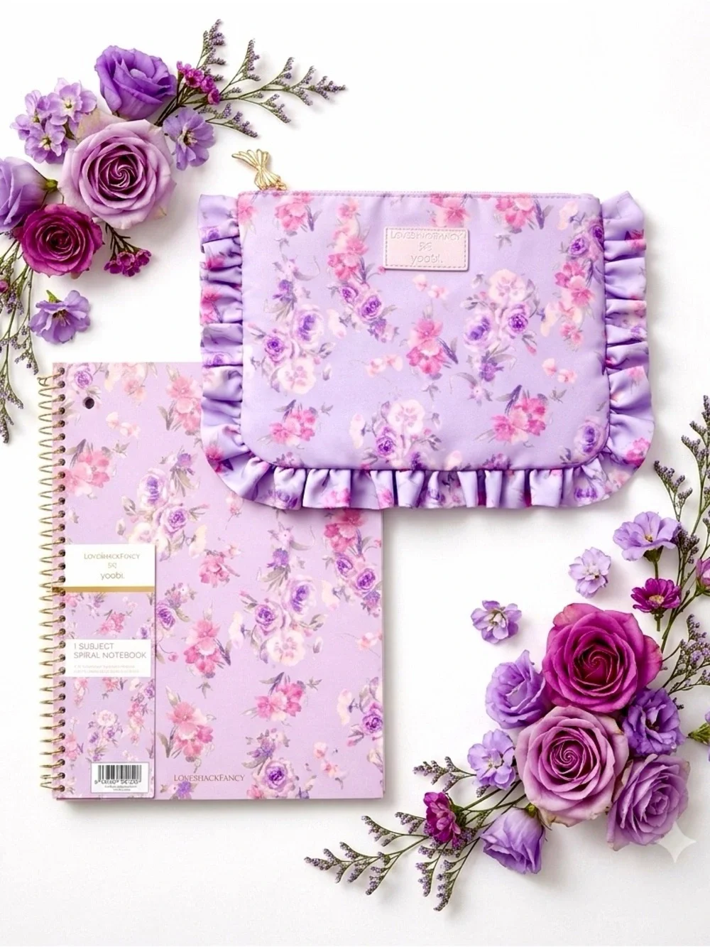 LoveShackFancy Lavender Floral Ruffle Accessory Pouch notebook girls gift